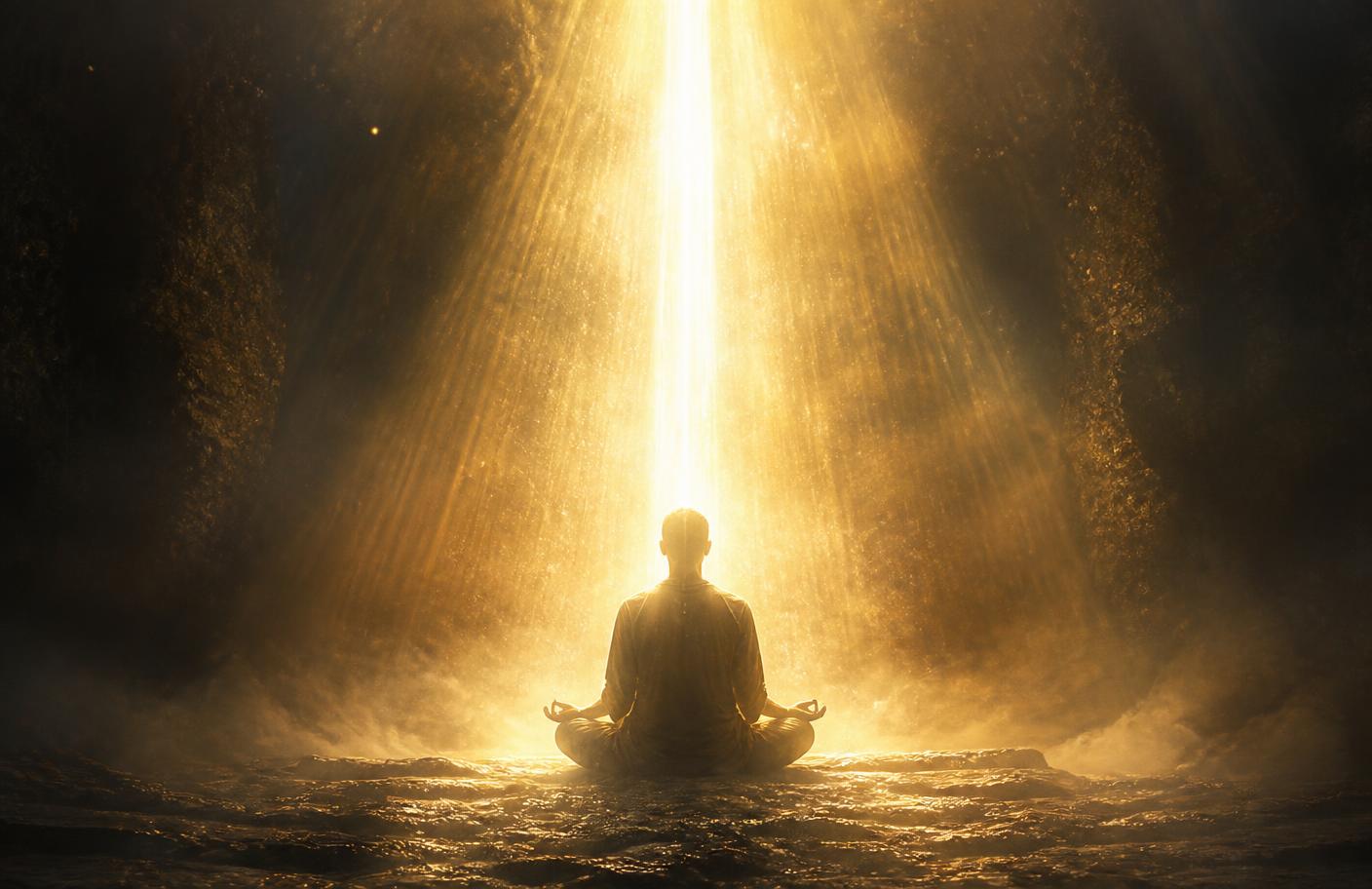 A person meditating, enveloped by a column of divine light