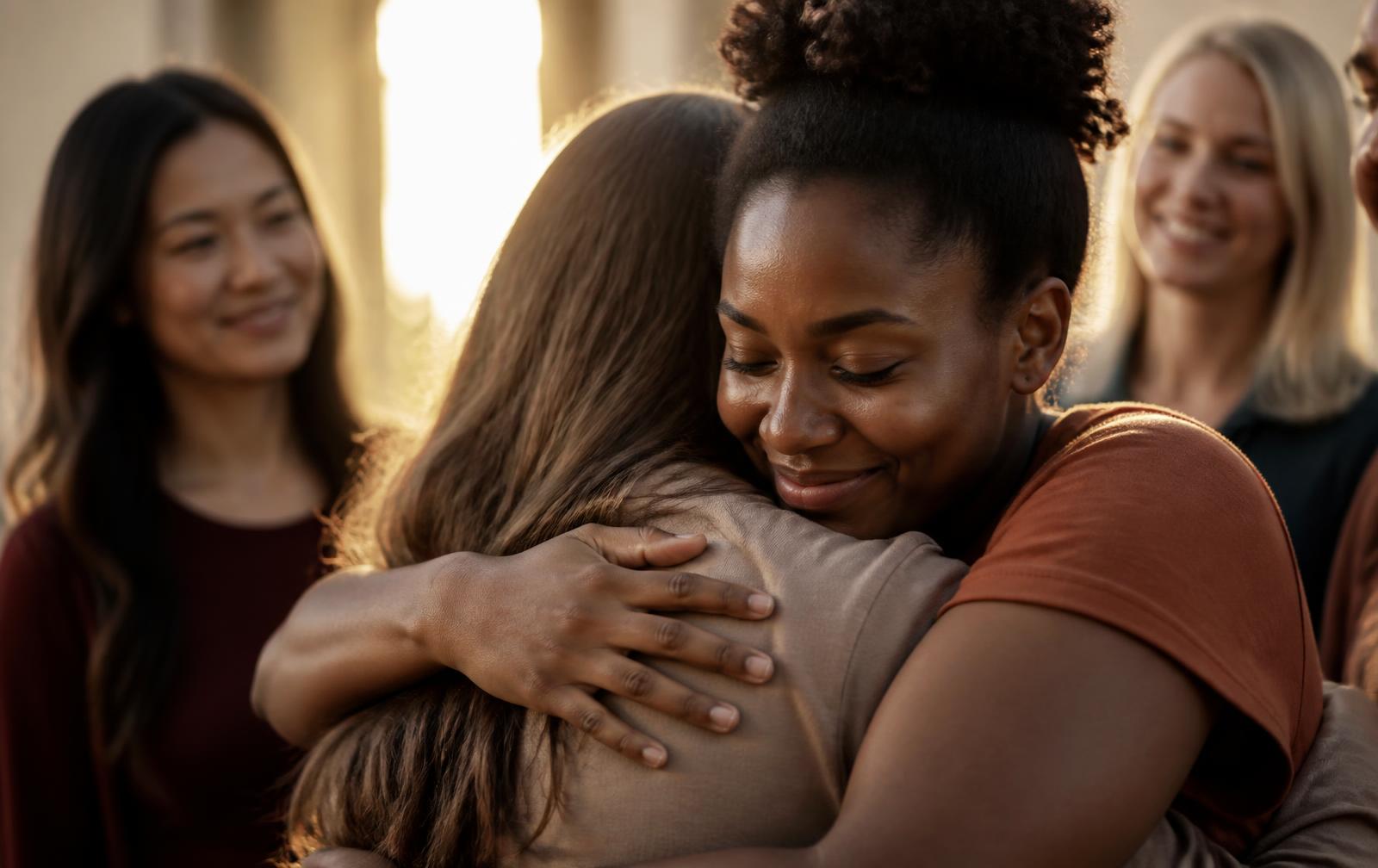 People of different backgrounds embracing in warm golden light
