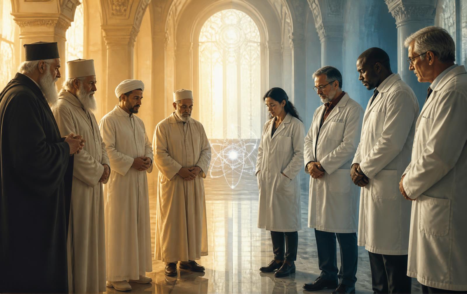 Religious leaders and scientists standing together in a hall of light