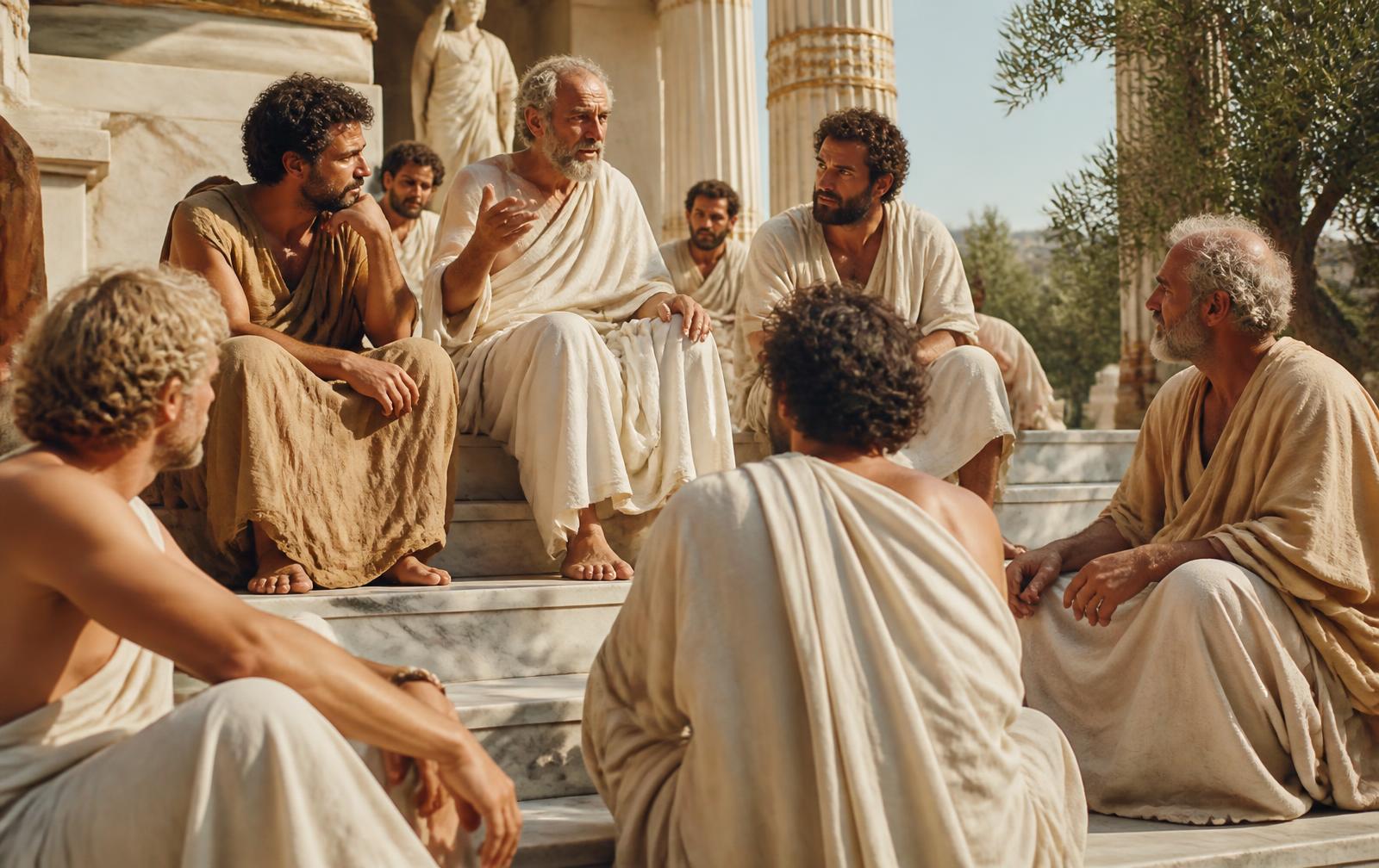 Ancient Greek philosophers discussing on marble steps