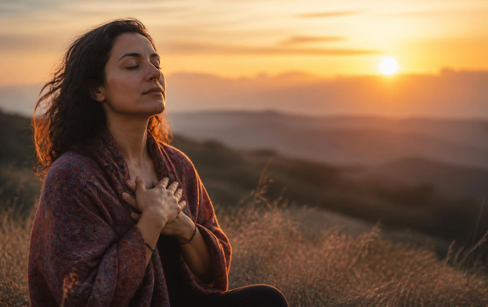 A woman sitting peacefully at sunrise with her hands over her heart