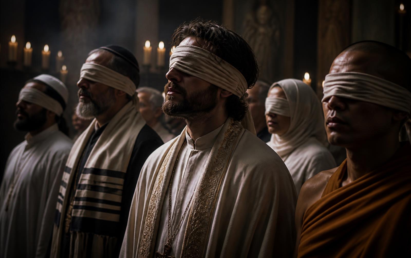 People of different faiths wearing blindfolds in candlelight