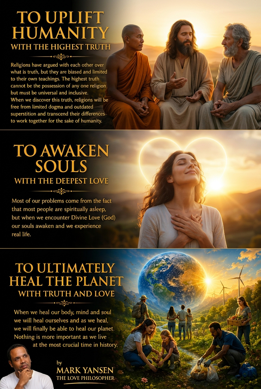 To uplift humanity with the highest truth, to awaken souls with the deepest love, to ultimately heal the planet with truth and love — by Mark Yansen, The Love Philosopher